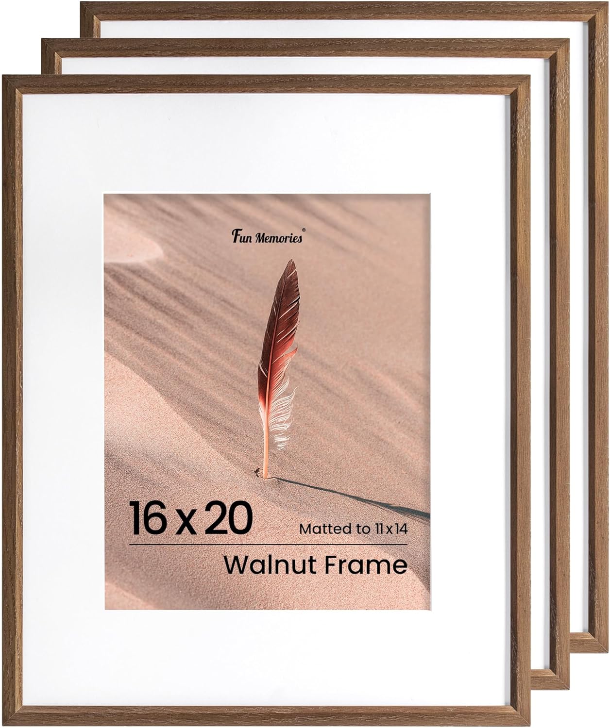 Fun Memories 16x20 Picture Frame, Solid Oak Wood Poster Frames, Modern Photo Frame for Wall 16x20 with 11x14 Mat, High Definition Plexiglass & Wall Hook Included (Walnut,3 Pack)