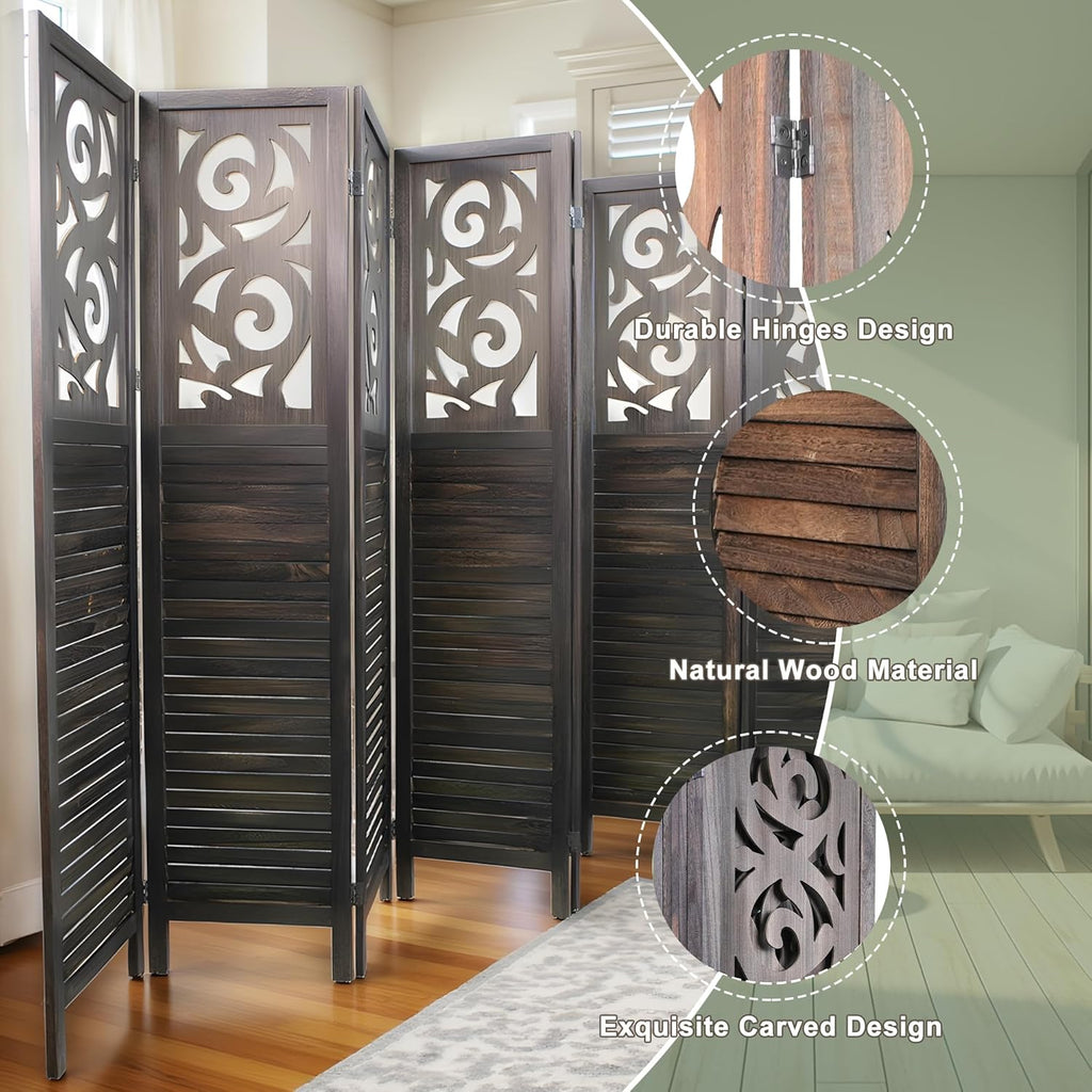 8 Panel Room Dividers 6FT Wall Divider Carved Wood Room Separator Folding Privacy Screens Cutout Design Foldable Partition Wall for Office Restaurant, Studio Apartment, Rustic Brown