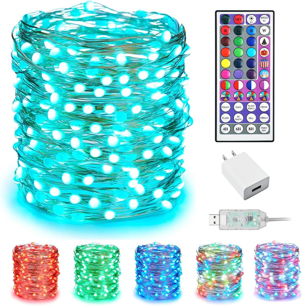 Minetom Upgraded Color Changing Fairy String Lights - 66 ft 200 LED 24 Colors USB Silver Wire Lights with Remote and Timer for DIY Bedroom Party Indoor Christmas Decoration, Adapter Included