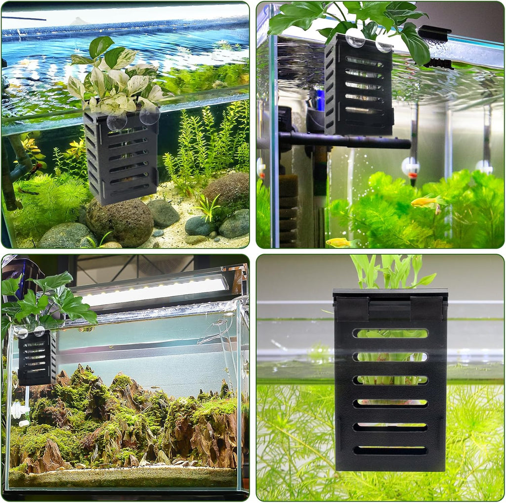 Aquarium Plant Holder Set, 8 Plastic Pots with 48 Hooks and 32 Suction Cups, for Live Plants and Fish Tank Decorations