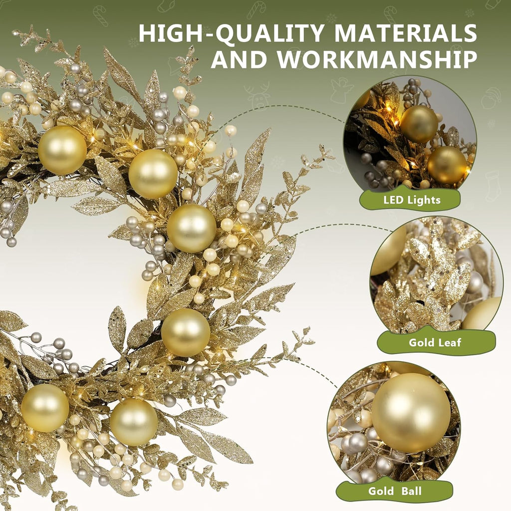Christmas Wreath Artificial Christmas Wreath with Golden Balls, Off-White Berries and Led Lights Suitable for Decorating Doors, Windows.