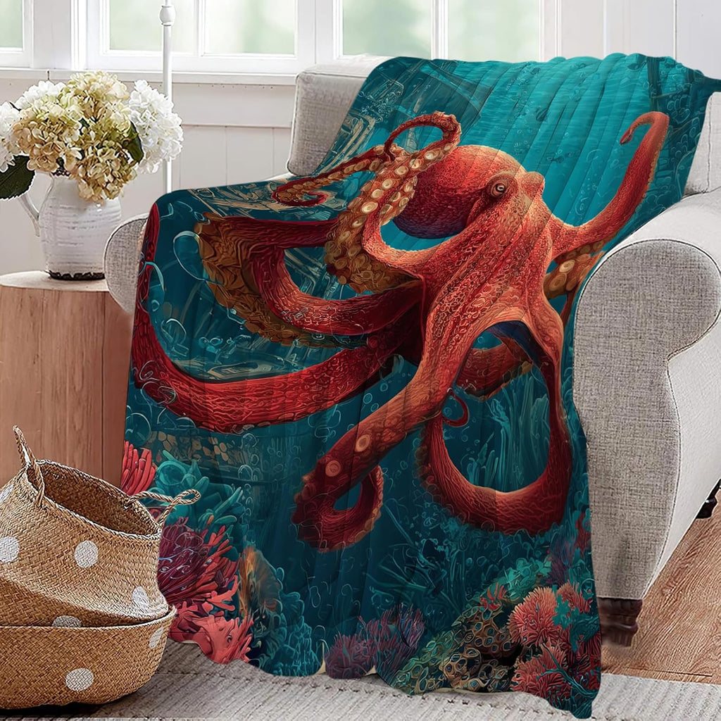 Ocean Octopus Blanket Coral Marine Life Animal Throw Blankets Gifts for Girls Boys Kids Octopus Lover Soft Cozy Fleece Plush for Couch Sofa Bed 60"x50"