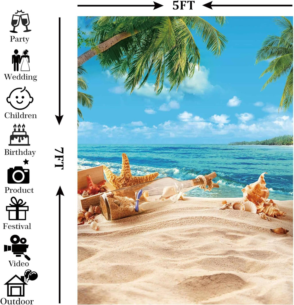 5X7ft Polyester Blue Summer Beach Seaside Sunset Backdrop Tropical Hawaiian Ocean Palm Tree Photography Background for Aloha Luau Party Decoration Supplies Banner Photo Booth Props