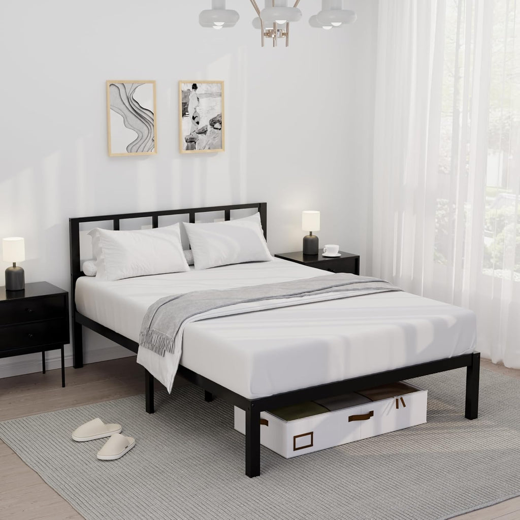 14 Inch Bamboo Bed Frame – Solid Wood Platform Bed Frame, Strong and Stable, with Non-Slip Slats for Support, No Box Spring Needed, Easy to Assemble, Noise-Free (Black with Headboard, Full)