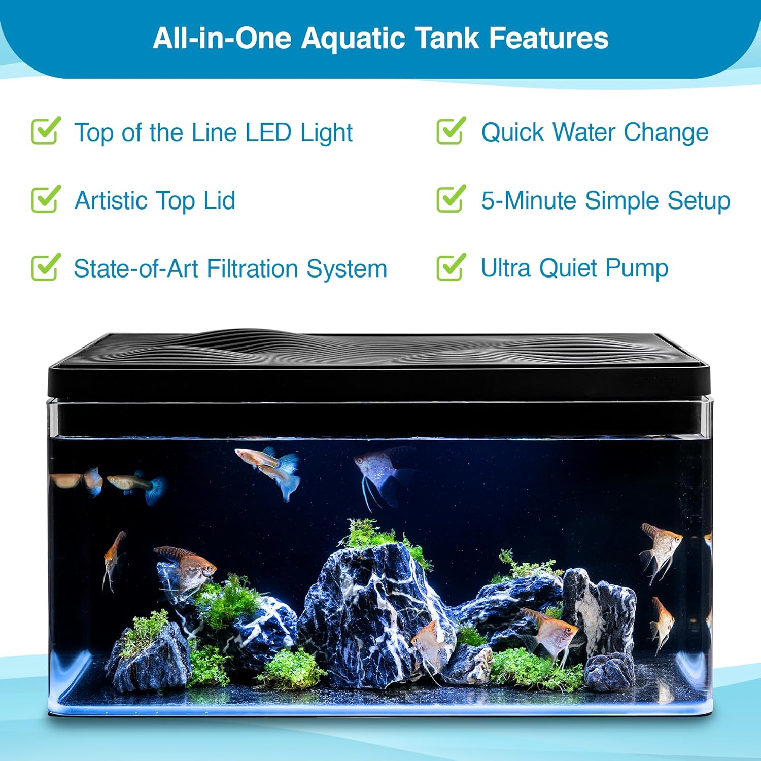 Harmony Aquarium Tank Deluxe by Clairnara – All-in-One 8 Gallon Freshwater Fish Tank with LED Light, Quiet Pump, Patented Filtration, and Special Wood Grain Toplid – iF Design Award Winner