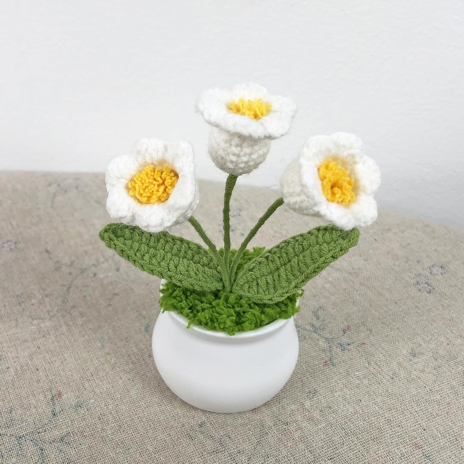 Crochet Flowers Cute Little Potted Flower, Gift for Birthday, Teacher’s Day, Graduation, Anniversary, Christmas, Decor for Car Dashboard,Home Office Decoration (White Lily of The Valley)