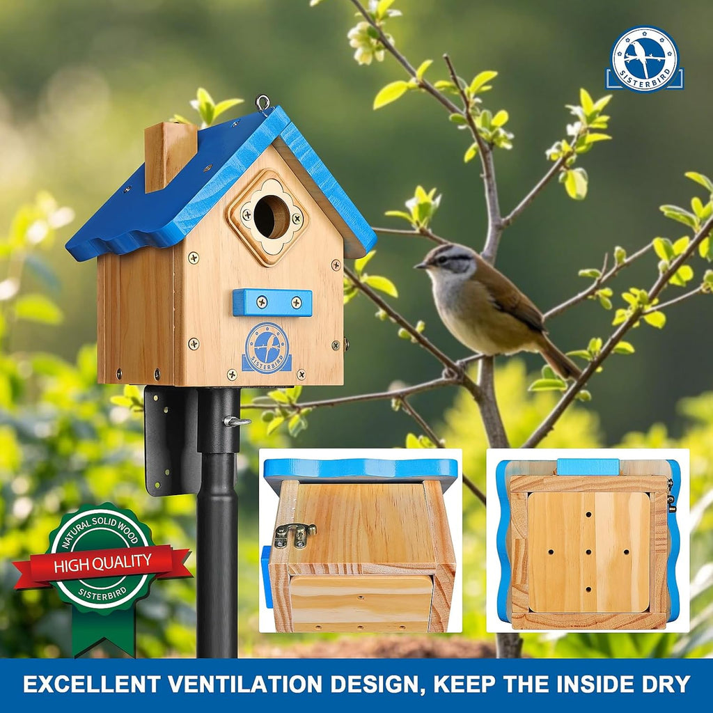 Wren Bird House for Outside, Premium Wooden Wren Bird Houses, Hanging Chickadee Bird House, Weatherproof Garden Decor Birdhouses for Outdoors, Blue Color Roof Bird Nesting Titmouse
