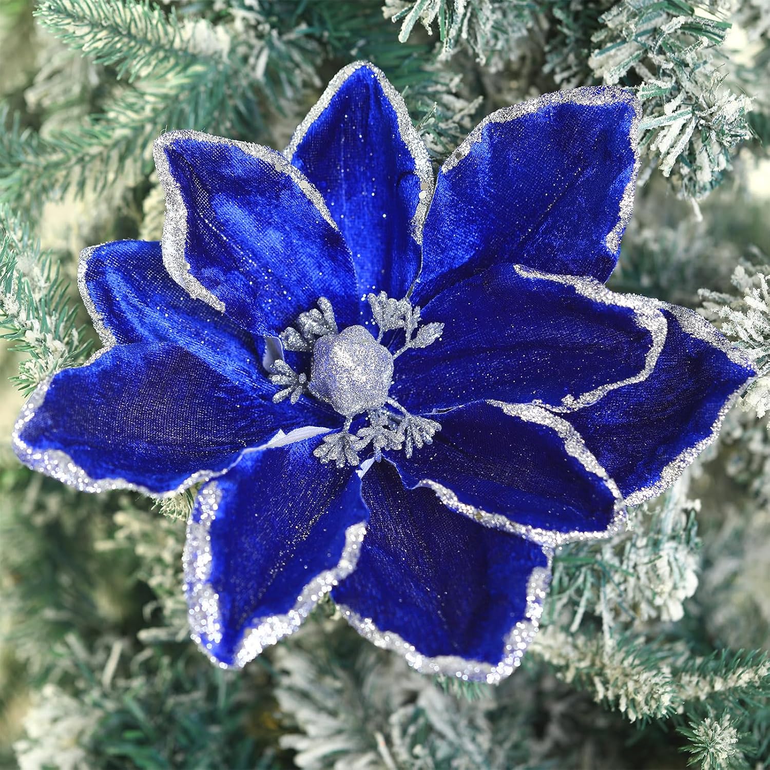 8 Pcs Large Christmas Flower Magnolia Flowers Christmas Tree Decoration Artificial Poinsettia Stems Velvet Xmas Ornaments for Xmas Tree Table Decor(Blue,12 Inch)