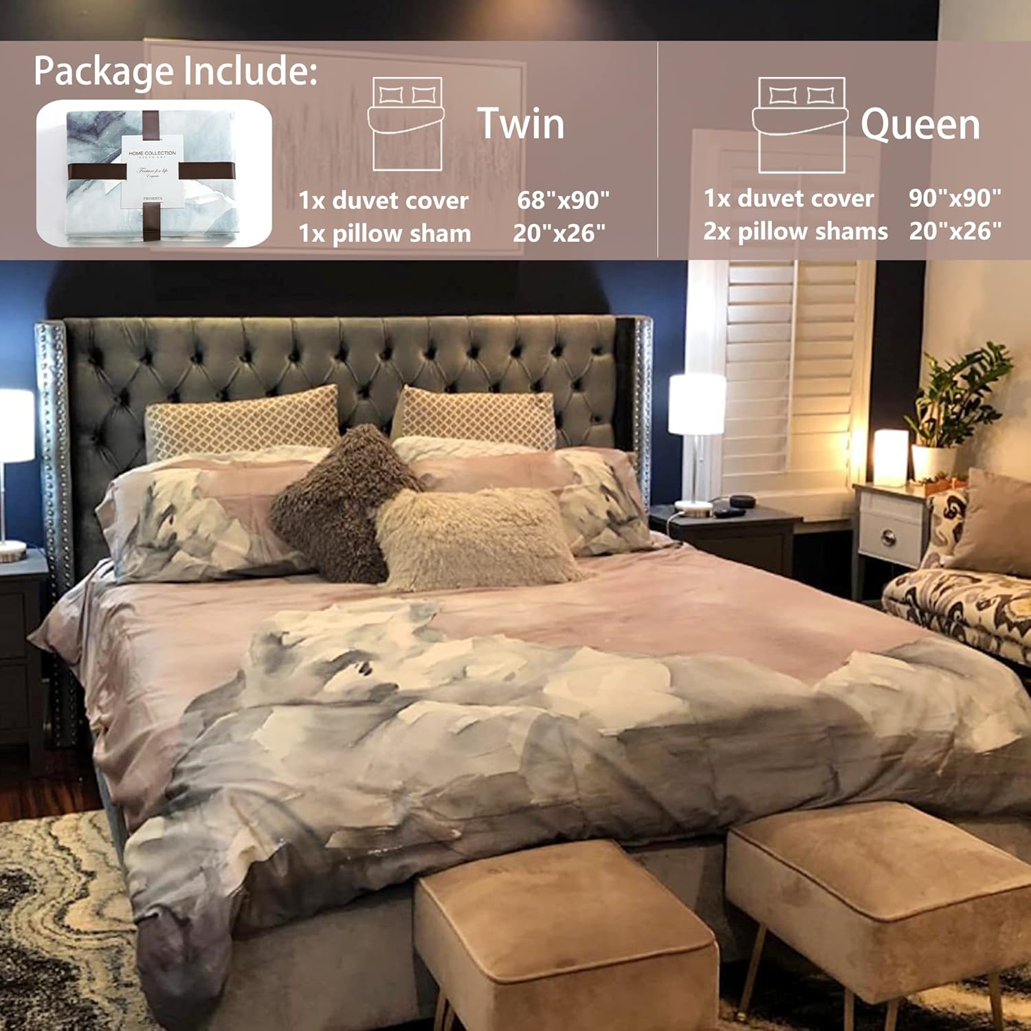 MILDLY 100% Long-Staple Cotton Duvet Cover Set 2pcs Abstract Gray Pink Marble Pattern Printed Reversible Comforter Cover