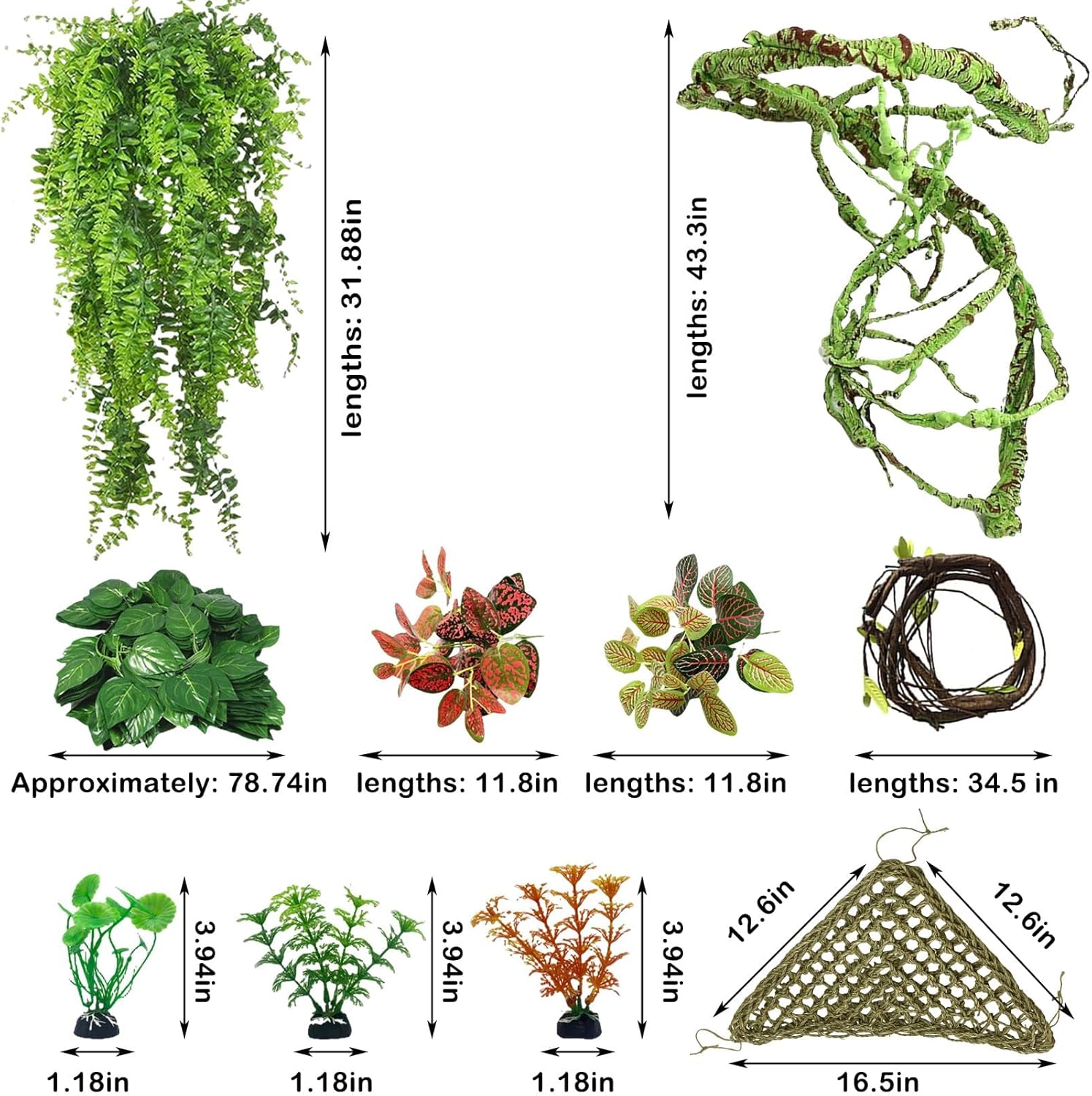 kathson 10 PCS Reptile Vines Plants Flexible Bendable Jungle Climbing Vine Terrarium Plastic Plant Leaves Pet Tank Habitat Decor for Bearded Dragons Lizards Geckos Snakes Frogs and More Reptiles