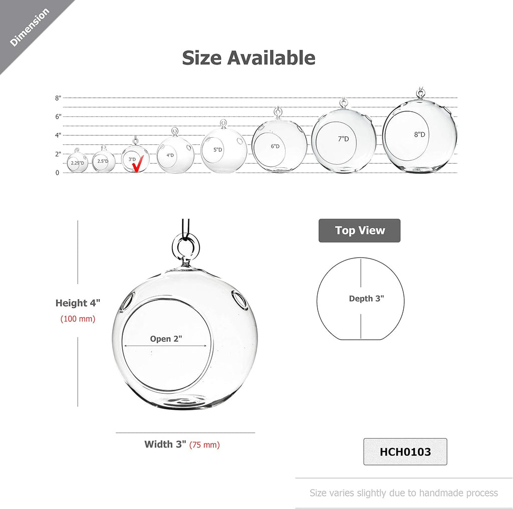 WGV Hanging Terrarium Globe, Width 3", Height 4", DIY Air Succulent Planter, Clear Glass Vase Orb with Flat Bottom, Candle Holder for Windowsill Outdoor Garden Decor, 3 Pieces Bulk