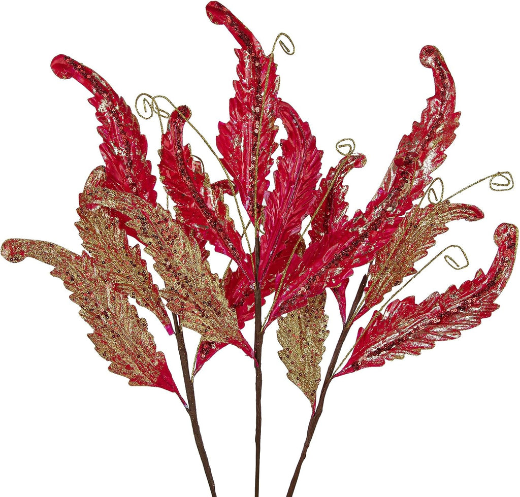 Christmas Artificial Leaves Set of 3 Sparkling 27 Inch Faux Decorative Foliage with Spray Stems Perfect for Holiday Home Decor Festive Party Decorations and Seasonal Celebrations (RedGold)
