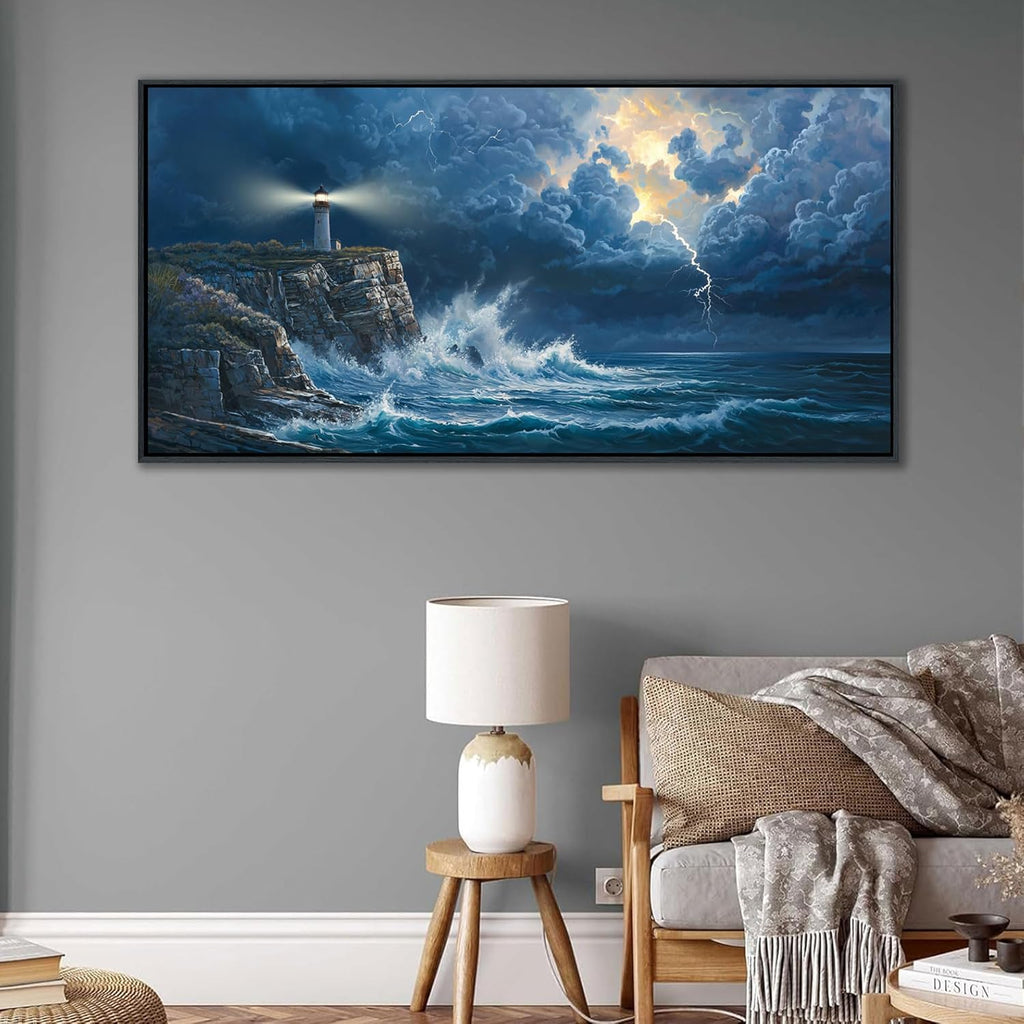 YDYSUNE Large Wall Art Framed Coastal Canvas Wall Decor Painting Navy Blue Picture,ocean decor Lighthouse Artwork for Dining Room,Living Room,Bedroom Decoration Size 24x48 Inches