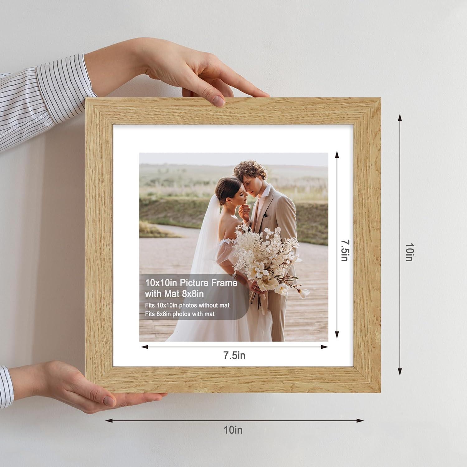 10x10 Picture Frame Set of 4, Made of Glass and Natural Oak Wooden Frame - Display Picture 8x8 with Mat or 10 x 10 Without Mat, 10 by 10 Photo for Wall or Tabletop