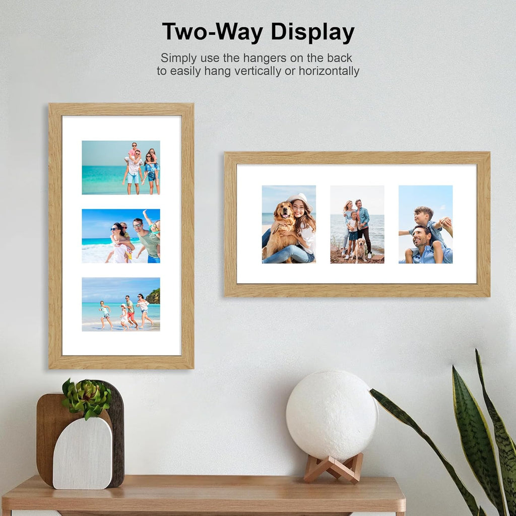 10x20 Picture Frame Set of 2, Natural Oak Wood Frame with Real Glass Collage Frame, Display Pictures Three 5x7 With Mat or 10 x 20 Without Mat - Horizontal or Vertical Wall Mounting