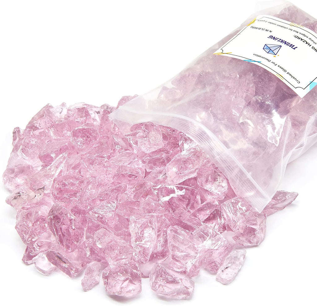 TWINKLING High Luster Fire Glass Gravel Stone,Broken Glass,Fire Pit Glass,Crushed Glass for Fireplace Pit Aquarium Garden Decoration,1-3cm,2-Pound Jar (Pink)