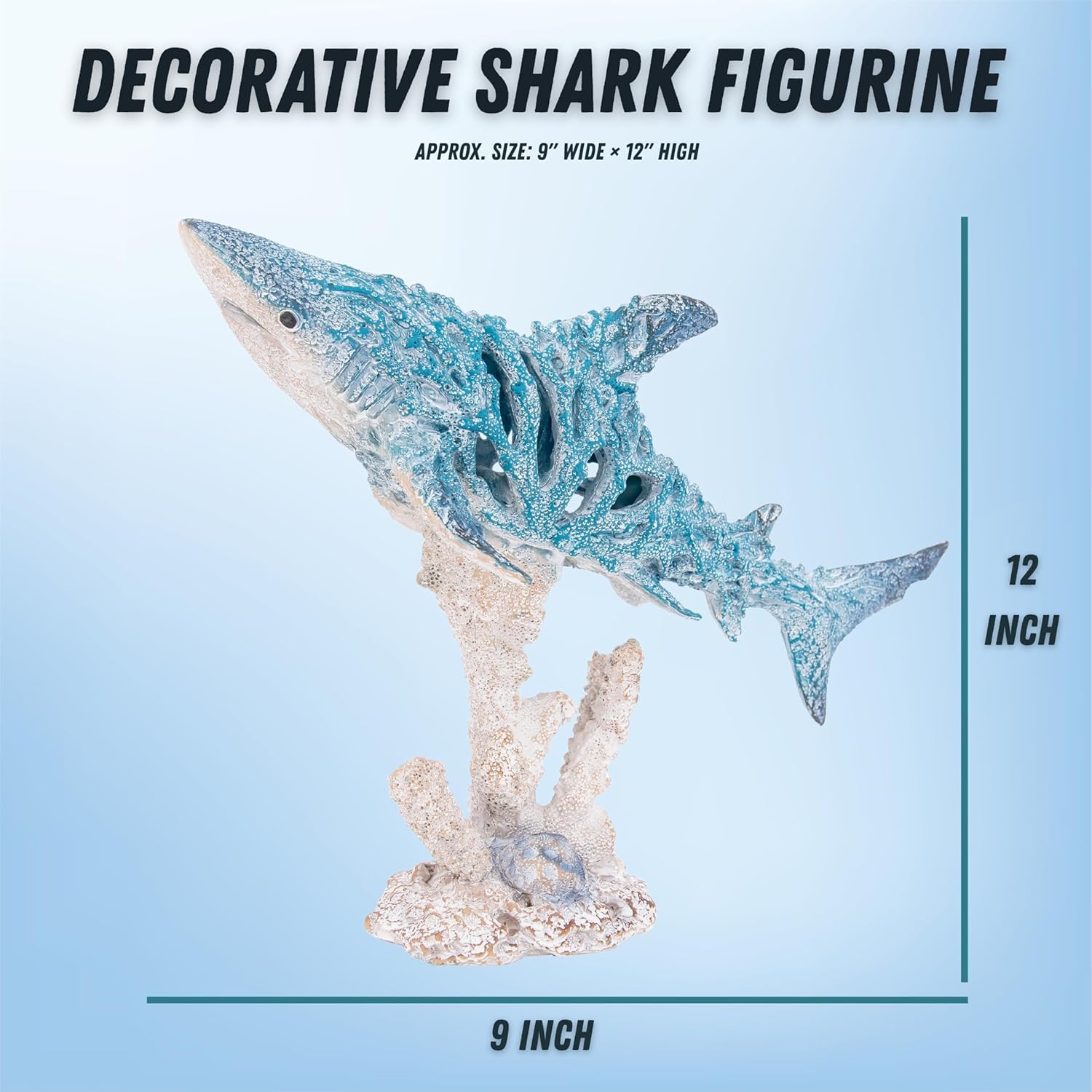 Decorative Shark Figurine 12 Inch Aqua Blue Coral-Look Sculpture with Coral Base Nautical Room Accents Coastal Tabletop Decor