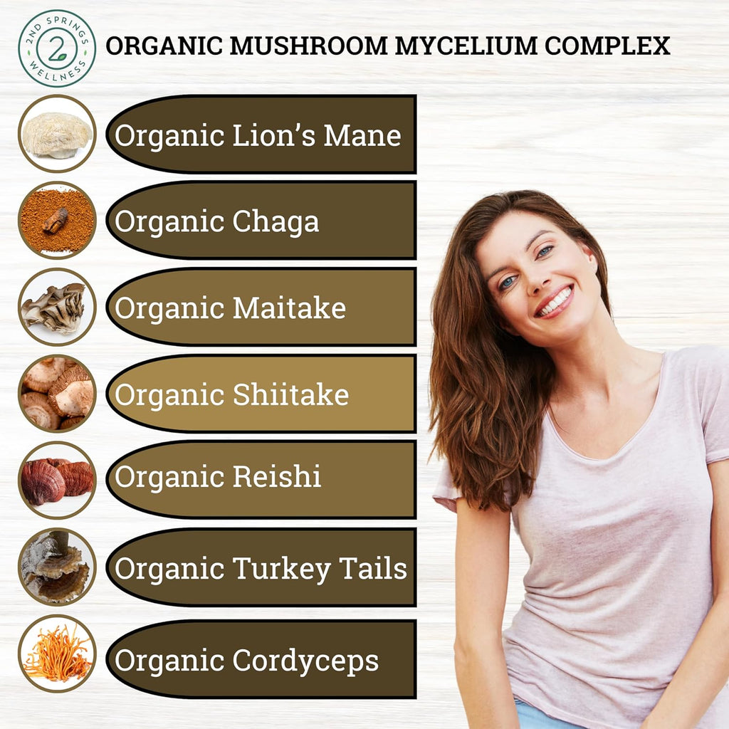 Organic Mushroom Complex - 7 Mushroom Blend Immune Support Nootropic & Cognitive Health Supplement with Organic Lion's Mane, Chaga, Maitake, Shiitake, Reishi, Turkey Tails, Cordyceps Mix