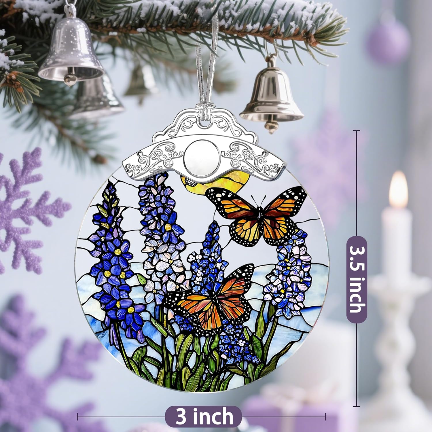 Stained Glass Ornament, Christmas Ornaments, Christmas Decorations for Tree, Holiday Ornament, Gifts for Butterfly Lovers, Holiday Party Gifts, Gift Ideas & Xmas Gift - Lavender with Butterfly