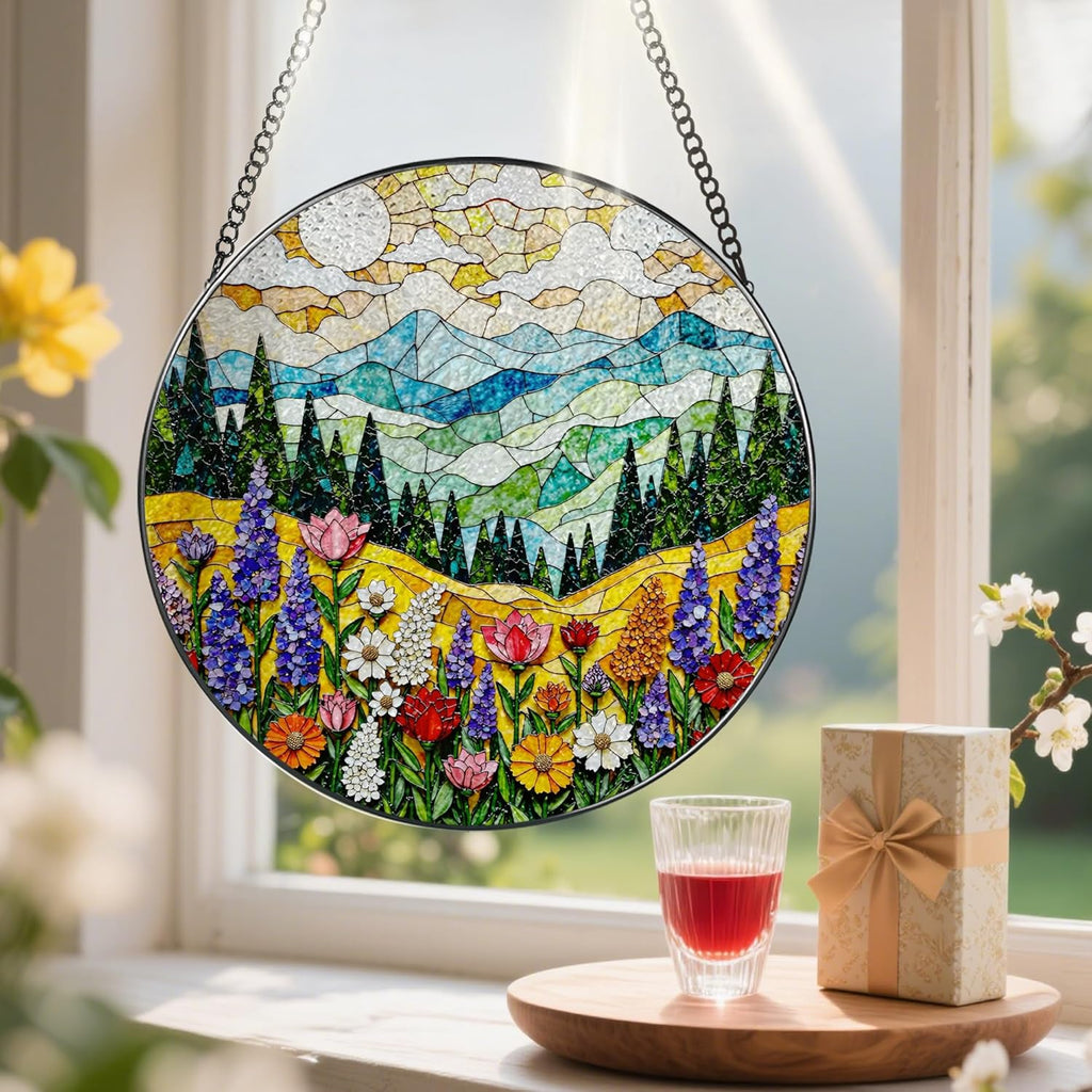 8-Inch Stained Glass Ornament, Stained Glass Window Hanging, Window Hanging Decor Suncatcher, Mountain Wildflower Ornament | Christmas, Mother’s Day, Birthday | Nature Art Gift, Gifts for Mom, Grandma