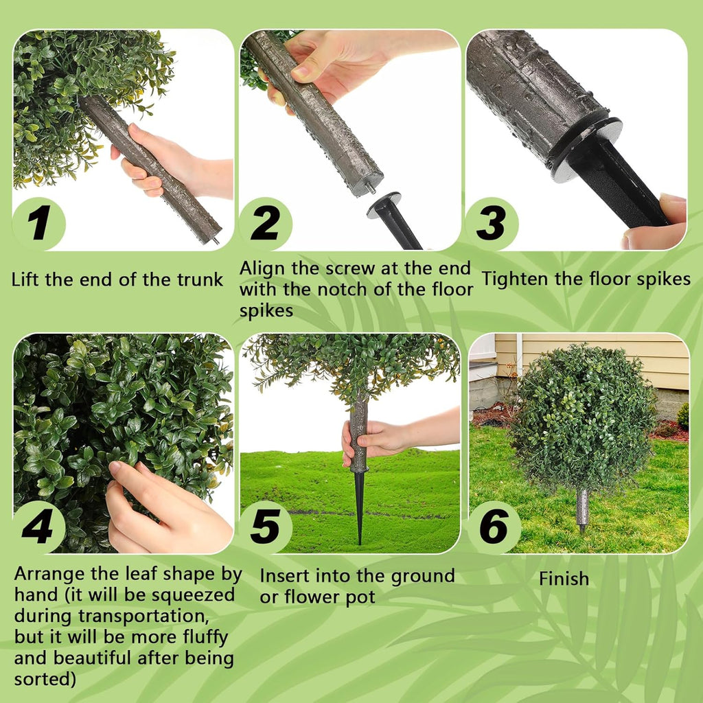 4 Pcs Artificial Boxwood Topiary Ball Bush 26" Tree UV Resistant with Spike Easy to Push in The Ground Fake Boxwood Plants Faux Greenery Shrubs for Indoor Outdoor Home Garden (Dark Green)