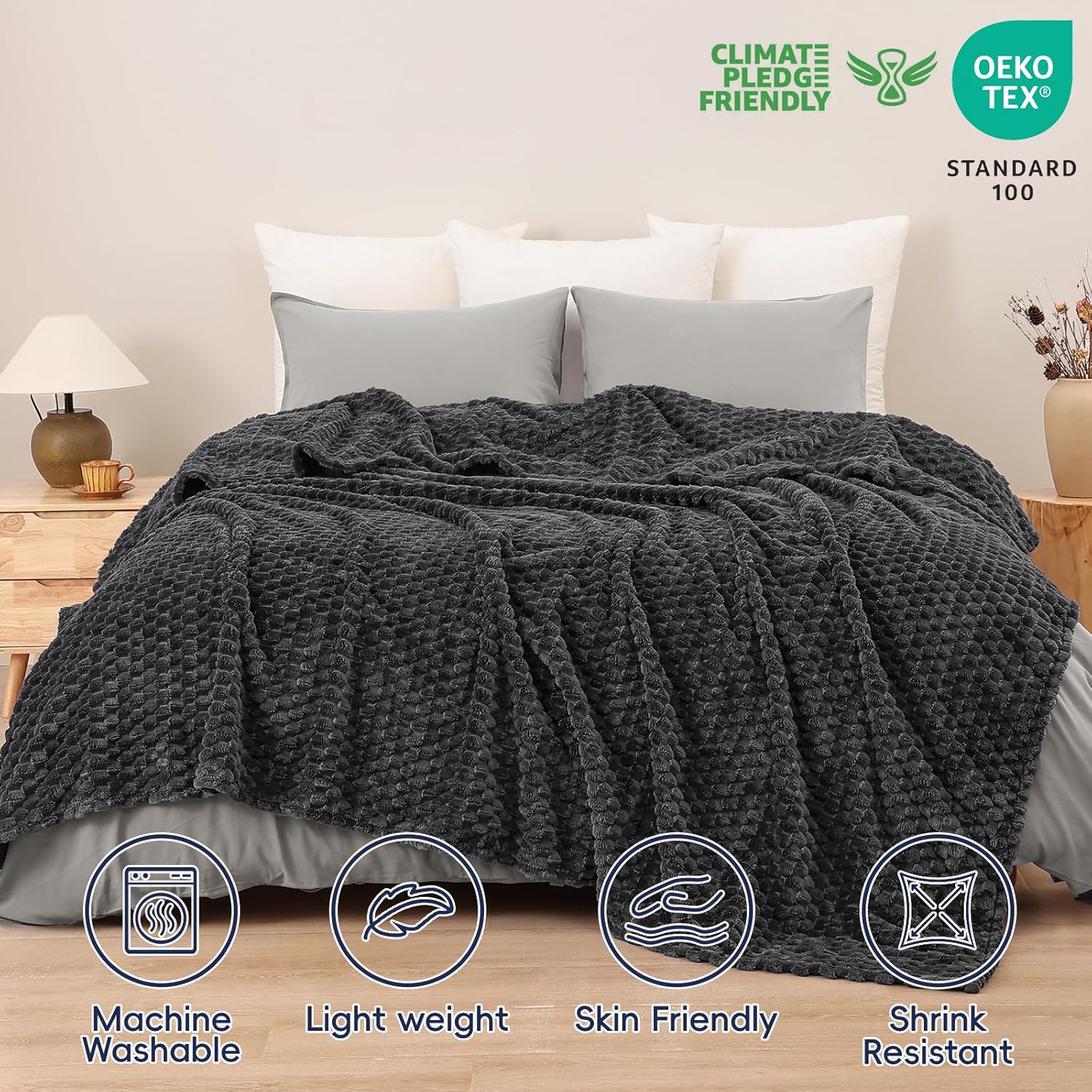 PHF Ultra Soft Flannel Fleece Blanket Twin Size, Lightweight 3D Jacquard Fleece Blanket, No Shedding, No Pilling, Luxury 340GSM Aesthetic Fluffy Cozy Bedding for Bed Room Decor, 66"x90",Dark Grey