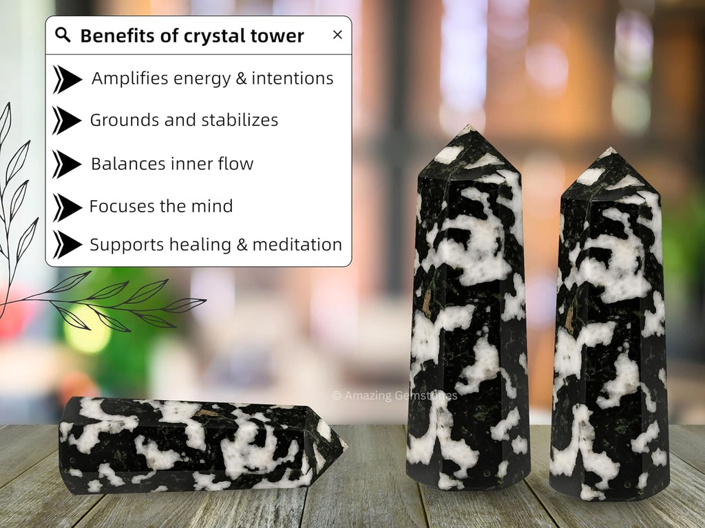 Amazing Gemstone Black and White Tourmaline Crystal Towers ~ Natural Healing Crystal Point Obelisk for Reiki Healing and Crystal Grid (3- Inch)