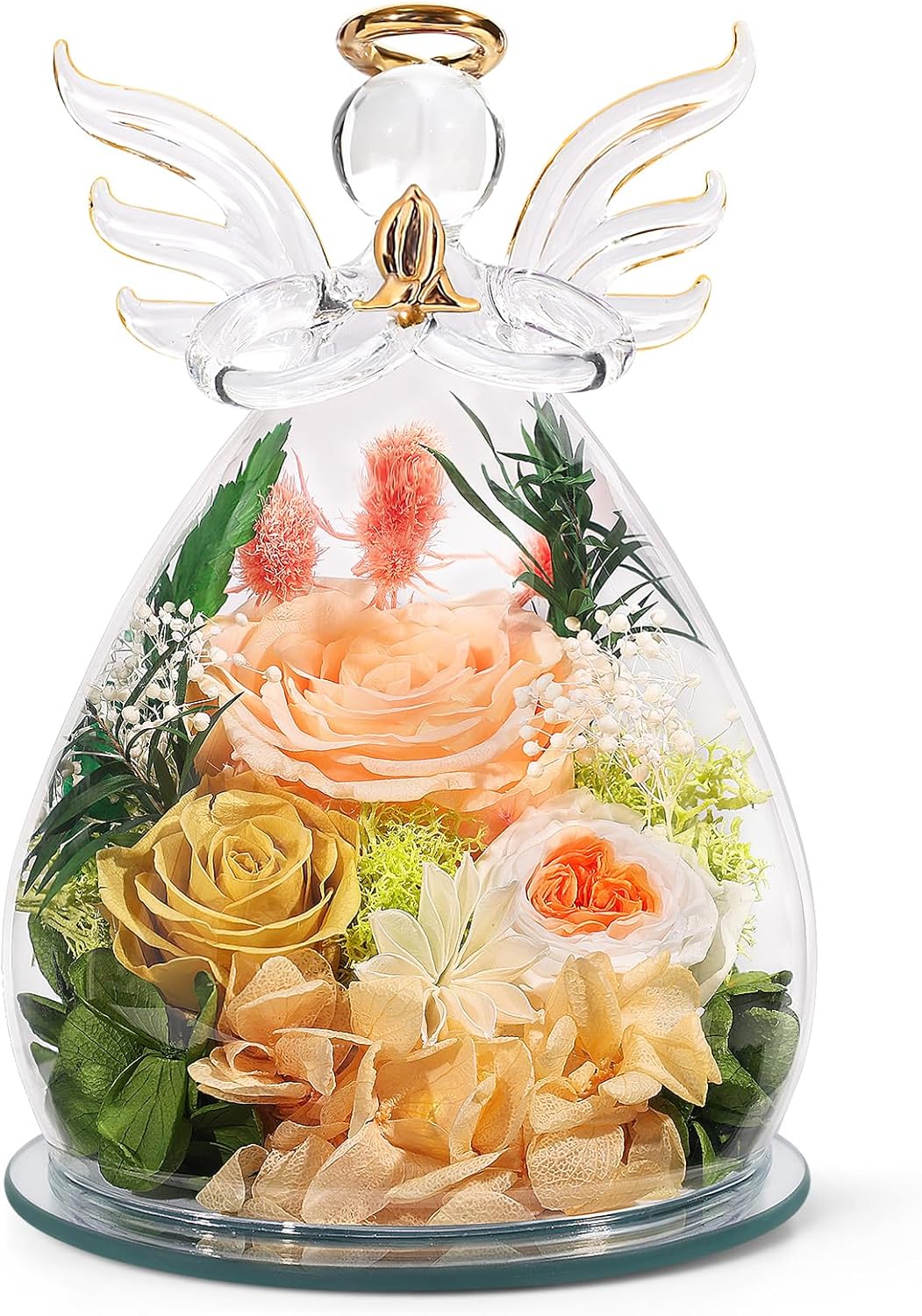 FIACO Gifts for Women Birthday Christmas Preserved Rose Forever Flower in Glass Angel Figurines Fresh Flowers for Delivery for Mom Real Colorful Roses for Grandma Wife Her from Daughter