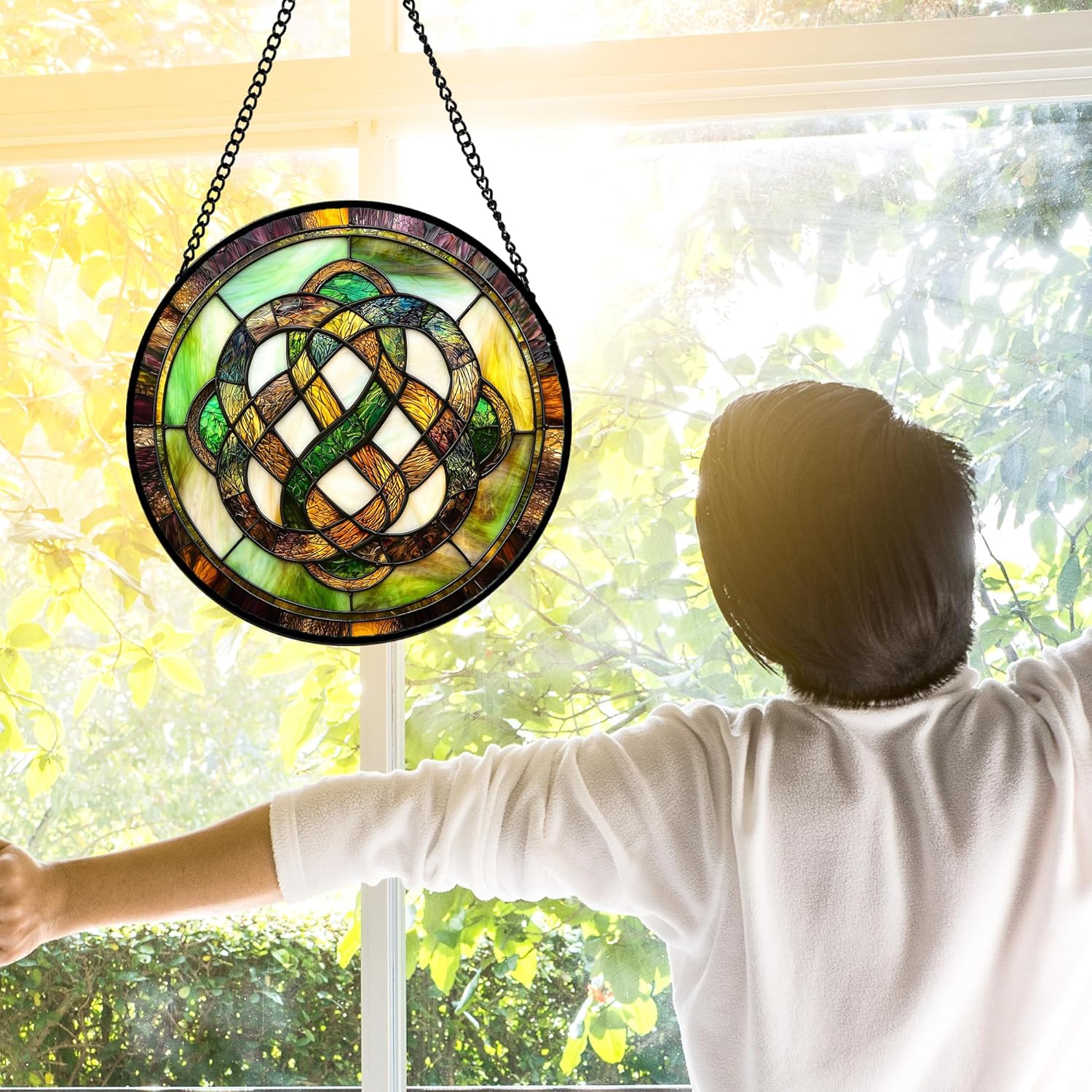 Stained Glass Window Hanging, Tiffany Abstract Totem Sun Catchers Colorful Glass Panel Bless Suncatcher Decor for Birthday for Women, Men, Wife, Aunt, and Mom 11.8x11.8 in