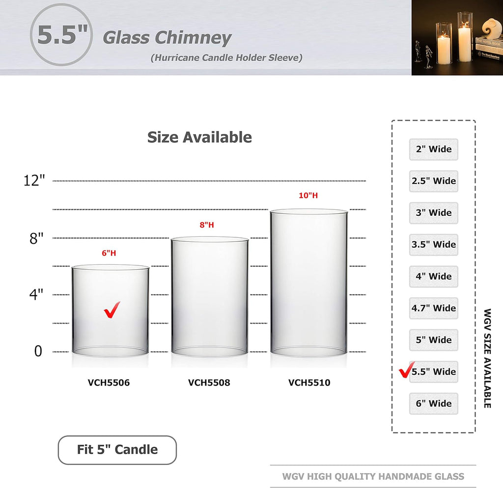 WGVI Hurricane Candle Holder Sleeve, Wide 5.5", Height 6", Clear Glass Cylinder Candleholder, Chimney Tube, Open Ended Candle Shade, 1 Piece