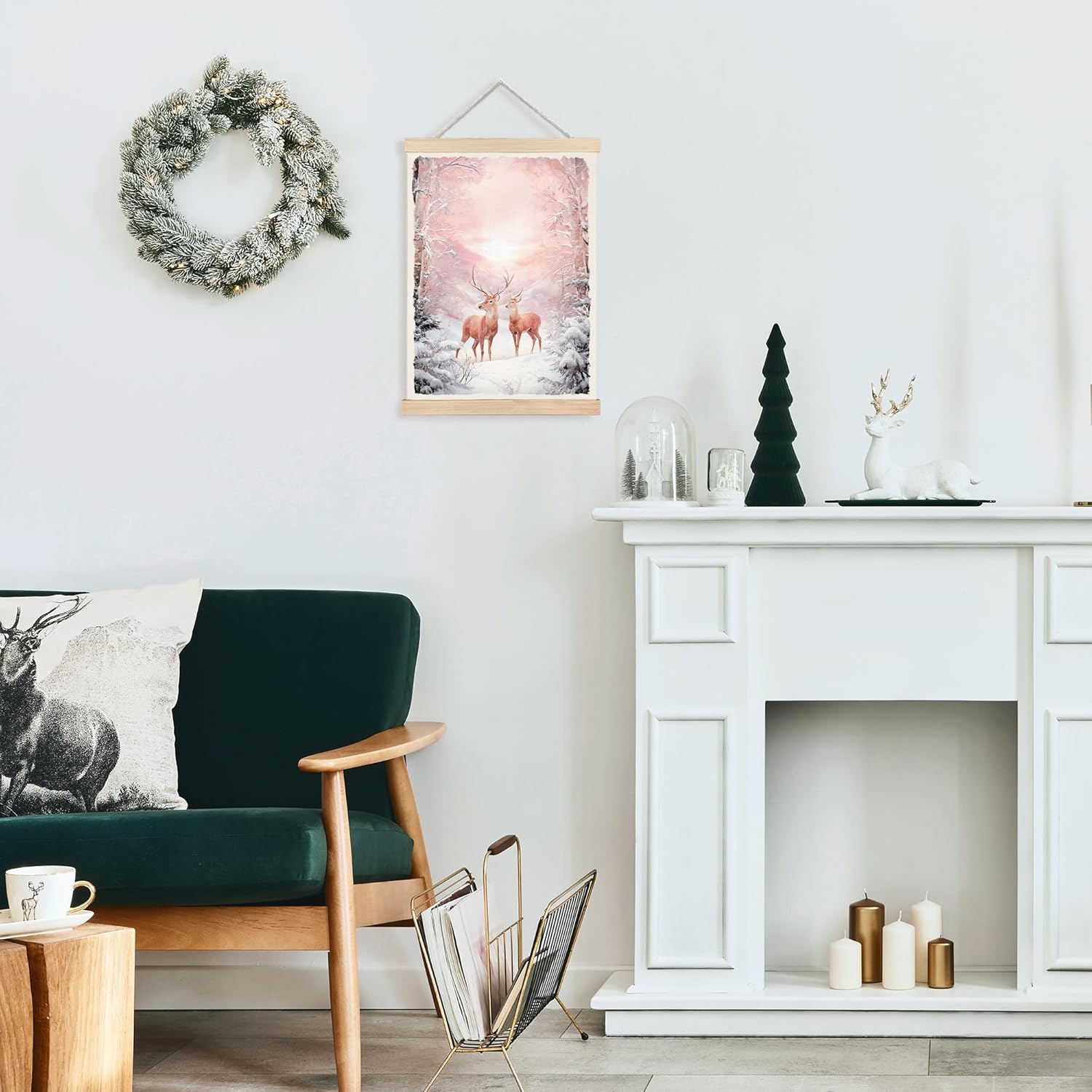 FDHSPAAM Pink Winter Deer Wall Art Decor, Vintage Christmas Decor, Rustic Holiday Pink Snowy Forest Sunset Winter Scene Wall Art Posters for Home Bedroom Living Room, 12x16 Inch