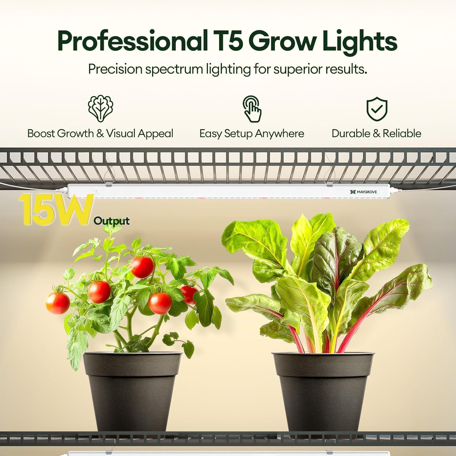 Grow Lights for Indoor Plants 2FT, Red-Enhanced Full Spectrum 5000K Grow Light, 60W(4 x 15W), T5 LED Grow Light Strips for Leafy Greens and Vegetables, High PPFD, Linkable, White, 4-Pack