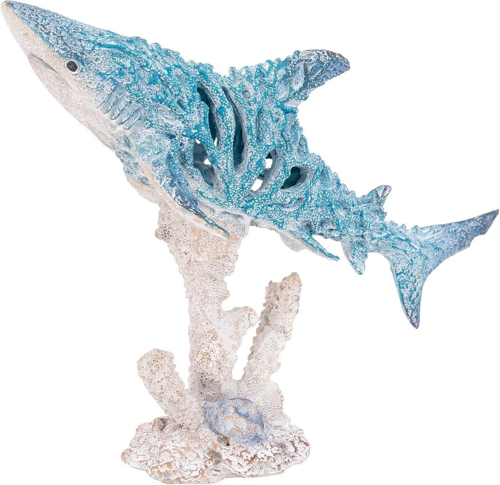 Decorative Shark Figurine 12 Inch Aqua Blue Coral-Look Sculpture with Coral Base Nautical Room Accents Coastal Tabletop Decor
