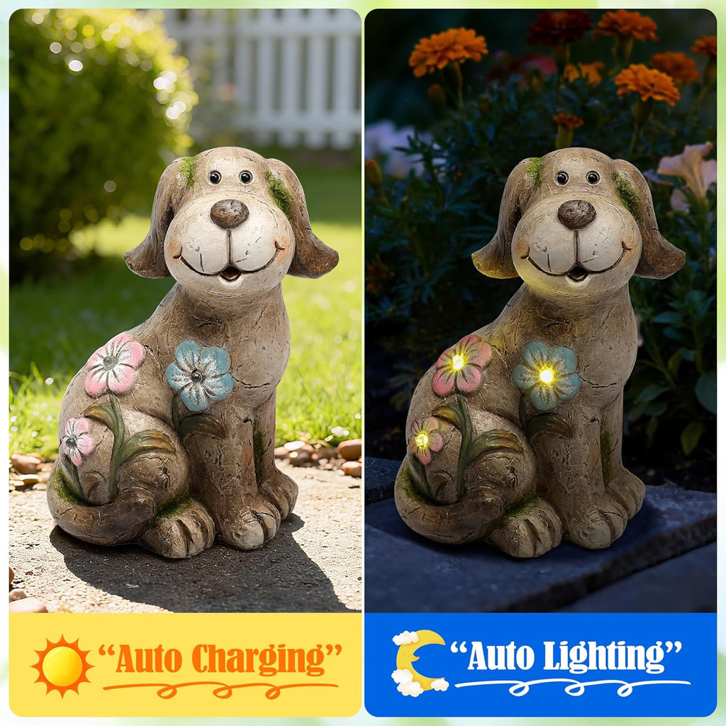 Solar Dog Garden Statue with Light, Cute Outdoor Dog Decoration for Yard, Patio, Lawn Balcony, Animal Figurines Housewarming Gardening Gift, Crafted Gifts for Mom Women