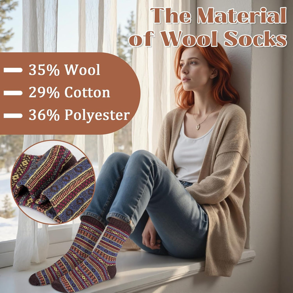 Justay 5 Pairs Wool Socks for Women - Winter Thick Boot Cozy Crew Vintage Soft Calf Knit Warm Socks Gifts