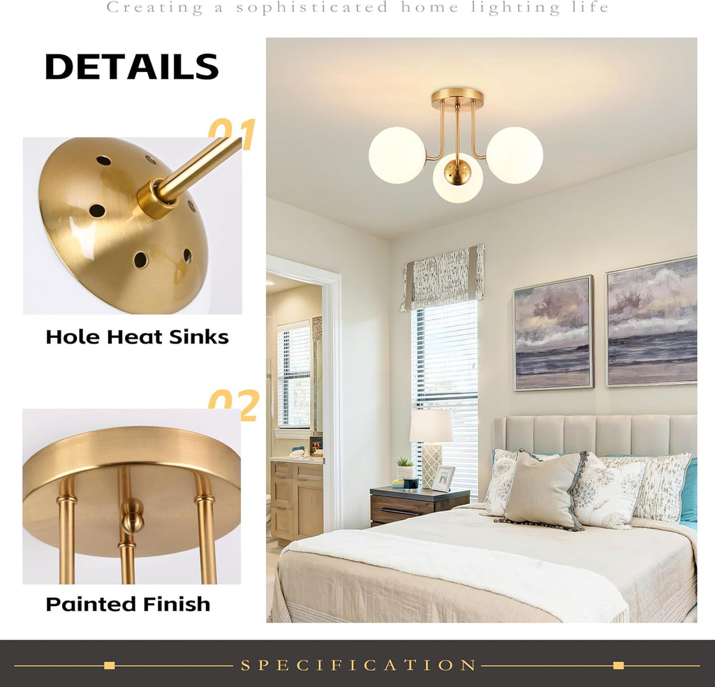 KoKo&Yukina 3-Light Semi Flush Mount Ceiling Light Globe Ceiling Light Mid Century Ceiling Light with Opal Milk Glass Globe & Brushed Brass for Bedroom Hallway Entryway Kitchen Living Room-Bulb Incl