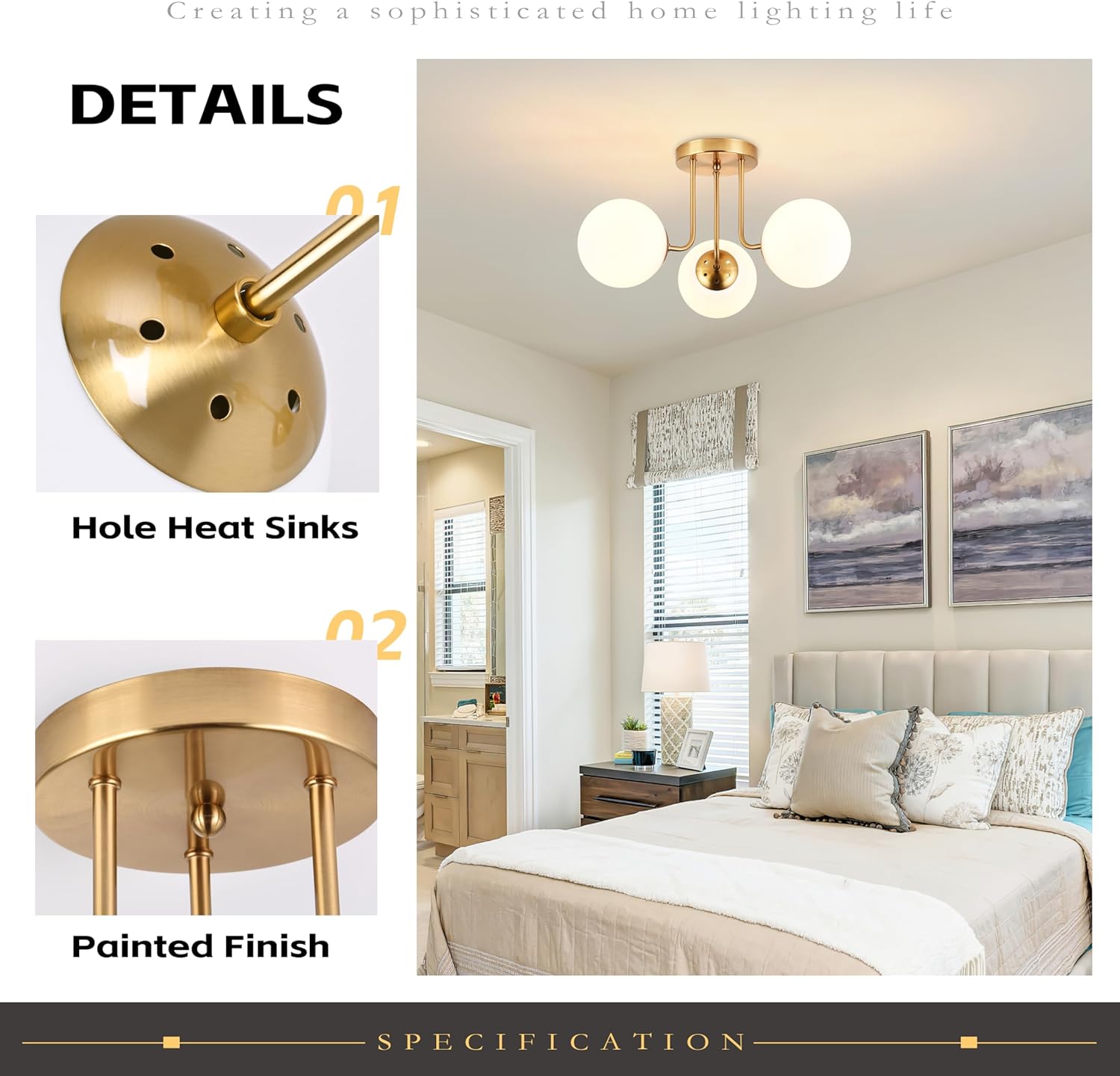 KoKo&Yukina 3-Light Semi Flush Mount Ceiling Light Globe Ceiling Light Mid Century Ceiling Light with Opal Milk Glass Globe & Brushed Brass for Bedroom Hallway Entryway Kitchen Living Room-Bulb Incl