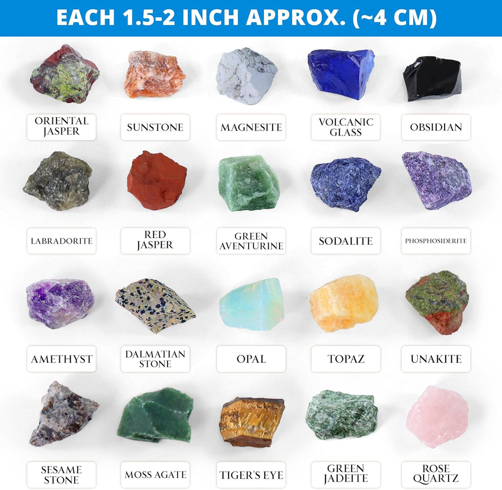 Jumbo Rock Collection Kit - 20 Pcs Large Unpolished Rocks, Minerals & Crystals (1.5-2 inch) with 54 Game Cards, Learning Book, Collector Box & Magnifier - Educational Rock Lover Gift for Kids 6+