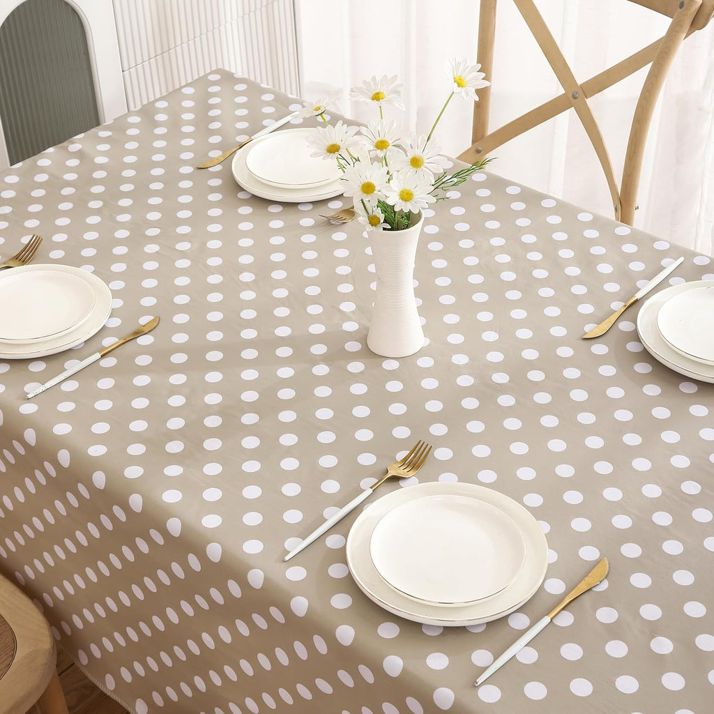 Heavy Duty Vinyl Tablecloth with Flannel Backing Waterproof Oil-Proof Plastic Table Cloth Stain-Resistant Wipeable Rectangle or Square Table Cover for Indoor and Outdoor (White Dots,60x84 Inch)