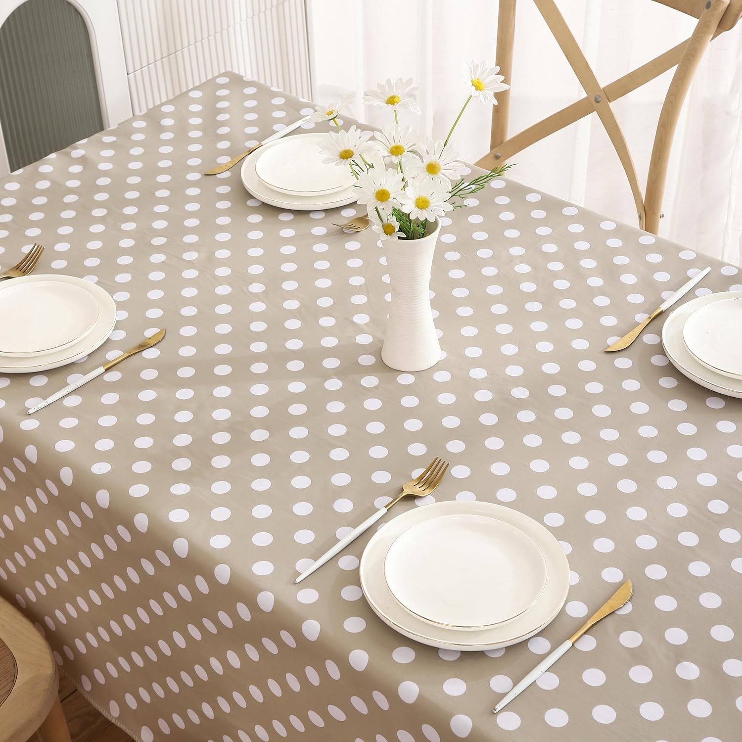 Heavy Duty Vinyl Tablecloth with Flannel Backing Waterproof Oil-Proof Plastic Table Cloth Stain-Resistant Wipeable Rectangle or Square Table Cover for Indoor and Outdoor (White Dots，60x102 Inch)