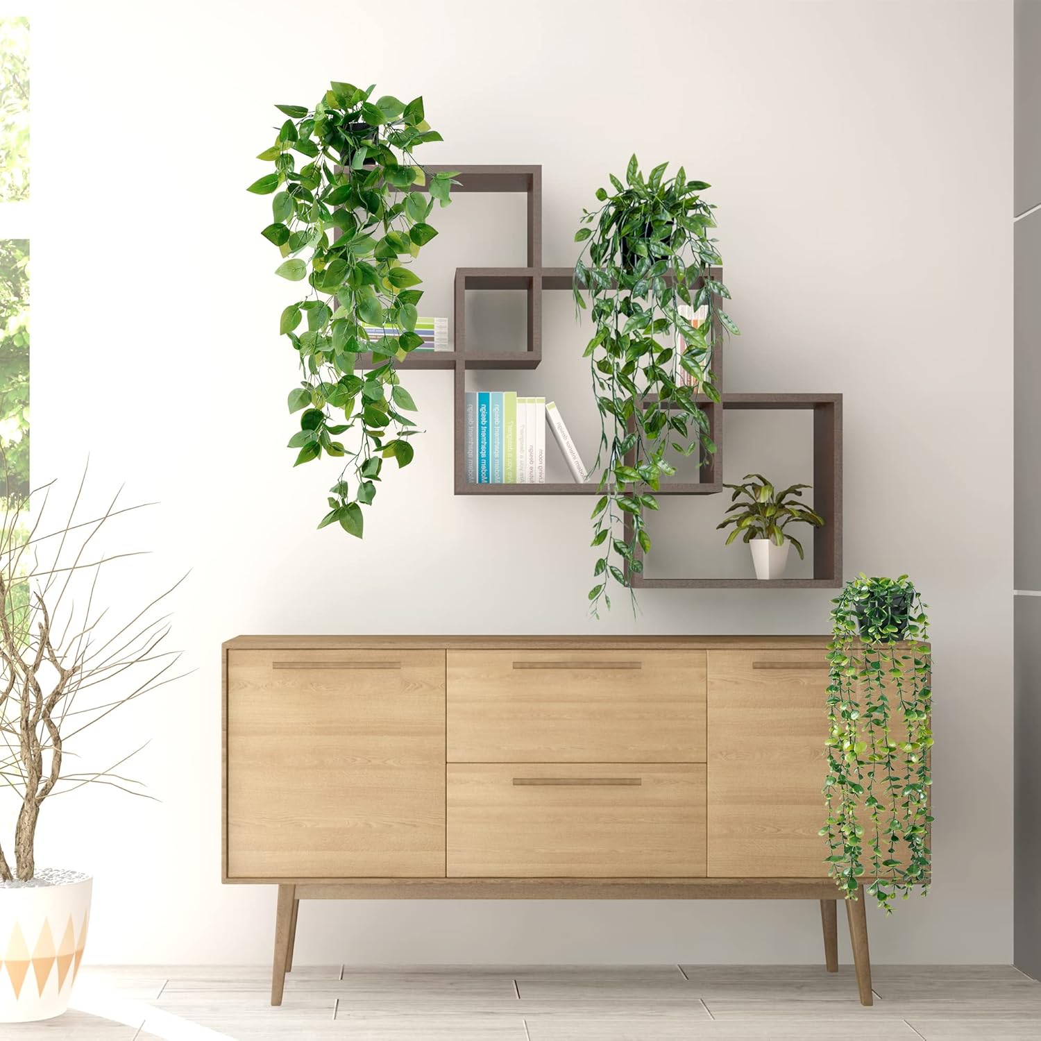 Sggvecsy Fake Hanging Plants 6 Pack Artificial Hanging Eucalyptus Plants Potted Greenery Faux Mandala Vine String of Pearls Boston Fern Ivy Vine Leaves Pea Pod for Home Indoor Outdoor Shelf Wall Decor