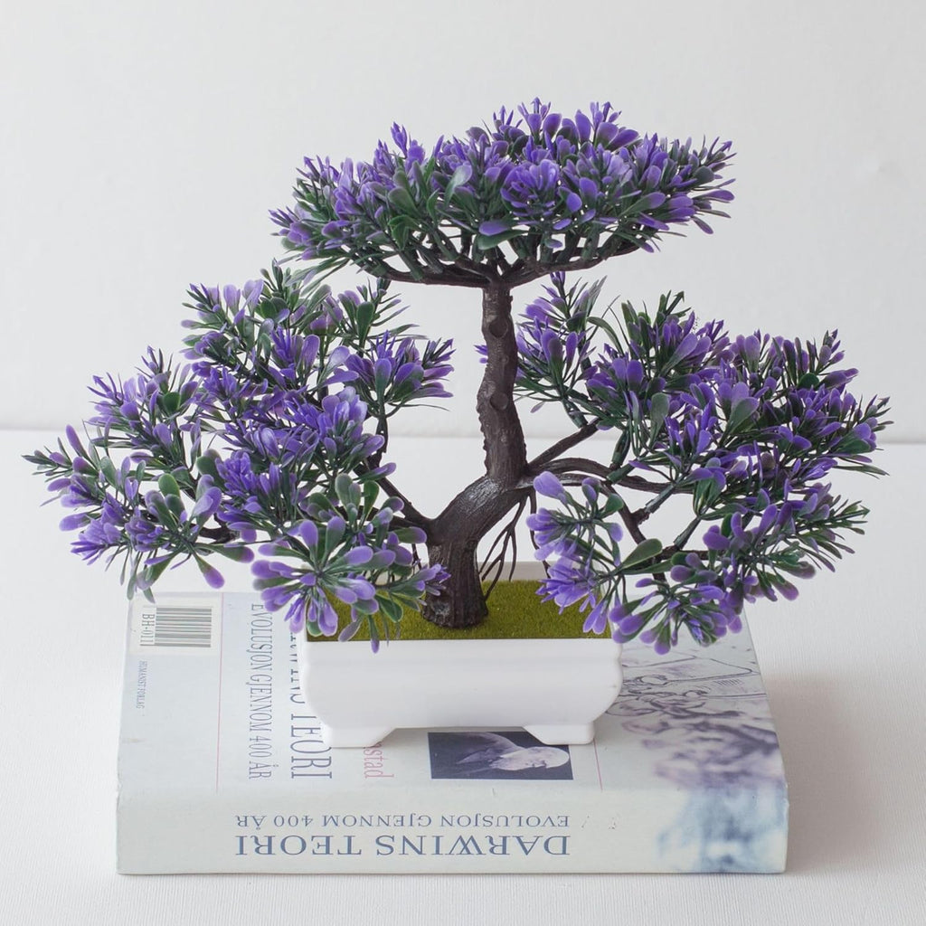 Mini Artificial Bonsai Tree Fake Plants - Artificial Plant Welcome Pine Treewith Plastic Cement Pots for Home Office Décor (Purple)