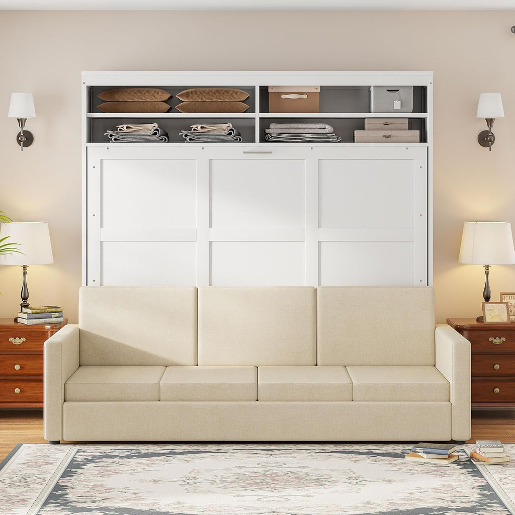 MERITLINE Queen Murphy Bed with 4 Seat Couch and Storage Shelves,Wood Murphy Bed Cabinet with Storage and Sofa,Folding White Murphy Wall Bed Cabinet Queen Size