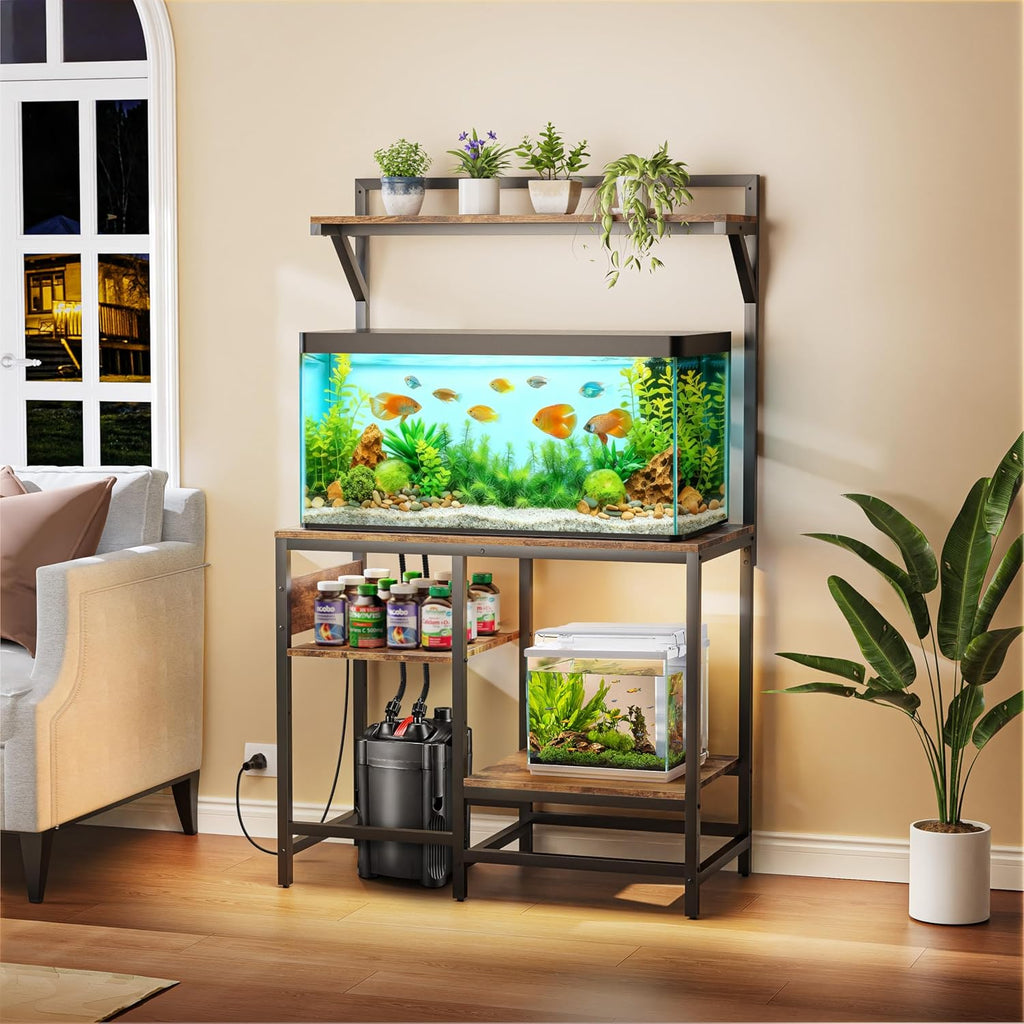 40-50 Gallon Fish Tank Stand with Power Outlet, Metal Aquarium Stand with Filter Storage, 6-Leg Reptile Tank Stand with 3-Tier Adjustable Storage Shelves and roof Support