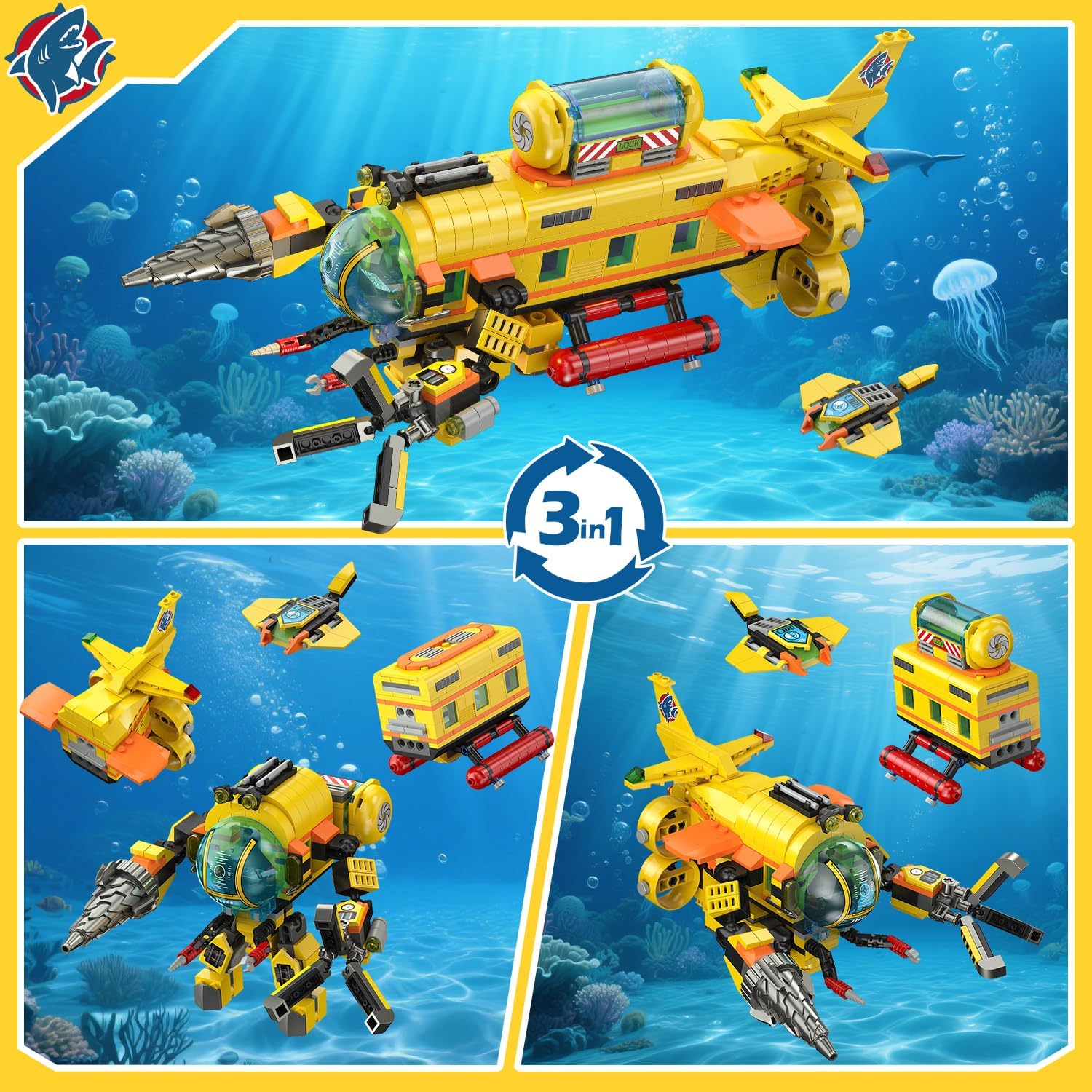 HOGOKIDS 3 Styles City Submarine Building Set with LED Light, Ocean Exploration Yellow Boat Sub Toy with 2 Sharks, Whale Skeleton and Ray Drone, Christmas Birthday Gift for Kids Boys Girls 8-14+