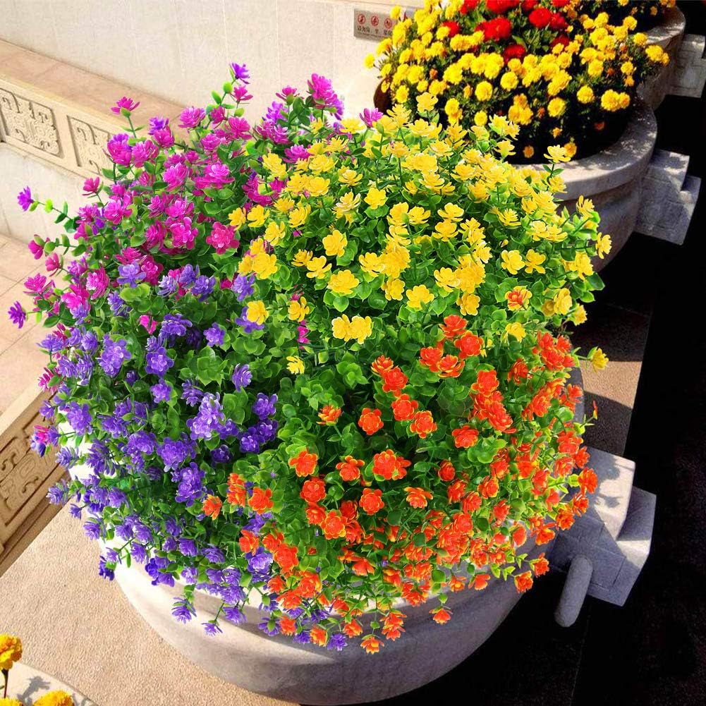 6 Bundles Outdoor Artificial Flowers UV Resistant Fake Boxwood Plants, Faux Greenery for Indoor Outside Hanging Plants Garden Porch Window Box Home Wedding Farmhouse Decor (Orange Red)
