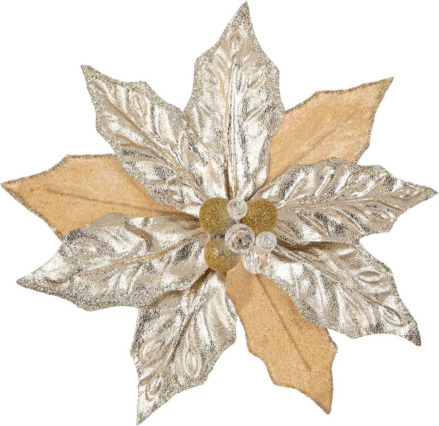 Hollyone 3PCS Poinsettia Christmas Flowers Artificial 11" Large Champagne Glitter Poinsettia Flowers Christmas Tree Ornaments Floral Picks for Tree Wreath Garland Vase Table Centerpiece Home Decor