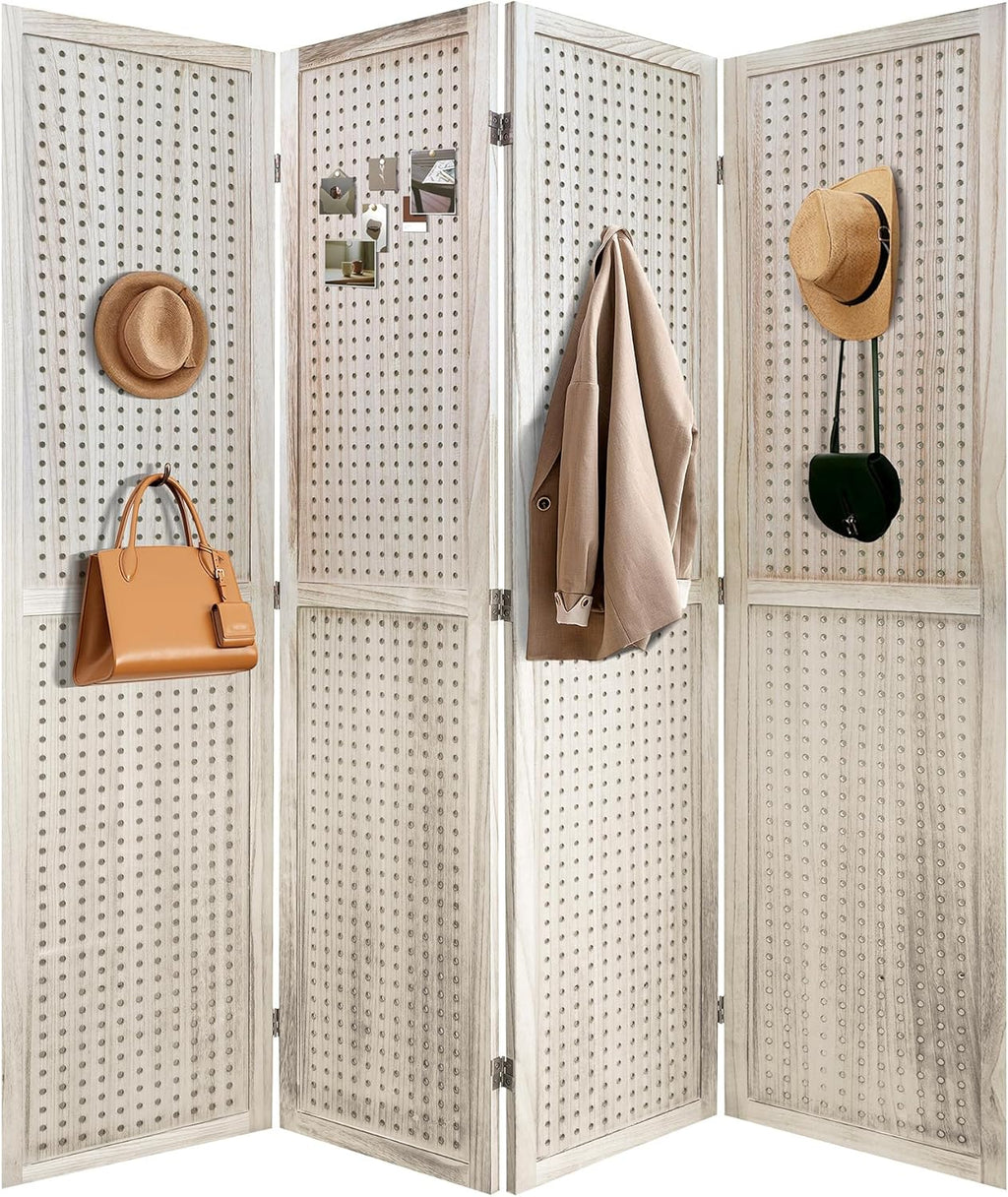 NicBex Room Divider 4 Panel Pegboard Display 5.6FT Wood PegBoard Room Dividers, Folding Privacy Screens Portable Display Board Wall Divider for Craft/Art Shows, Room Separation, Natural Wood
