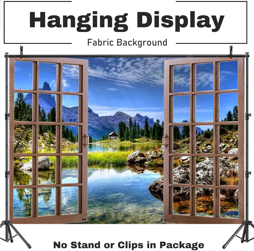 Fabric 6x4ft Lake Scenery Backdrop for Photography Rustic Wooden Window Mountain Rock Lake Photo Background Natural Outdoor Landscape Decoration Tapestry Wallpaper Kids Adults Shoot Props