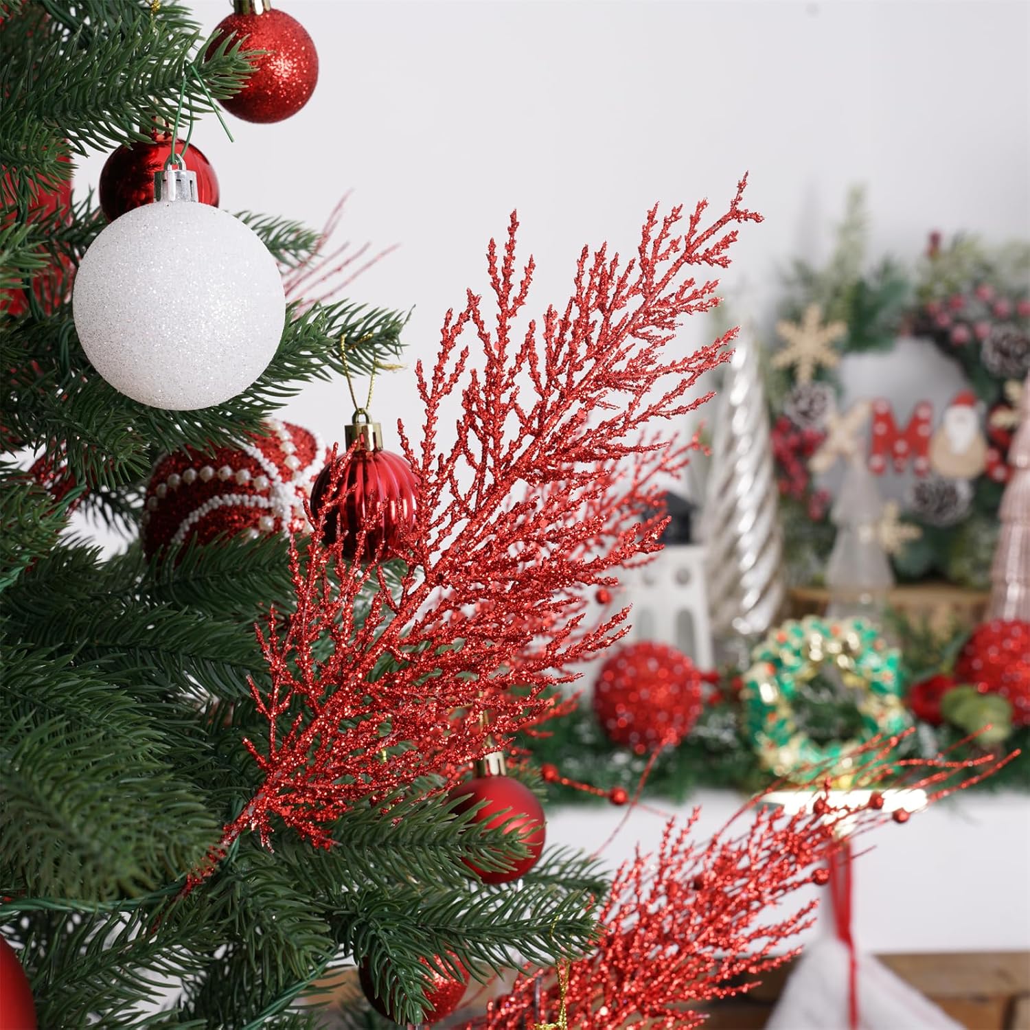 Christmas Glitter Twigs 24pcs Artificial Pine Tree Picks for Christmas Tree Ornaments fillers, DIY Xmas Wreath, Crafts, Garland, Holiday, Party, Wedding and Home Decoration (Red)